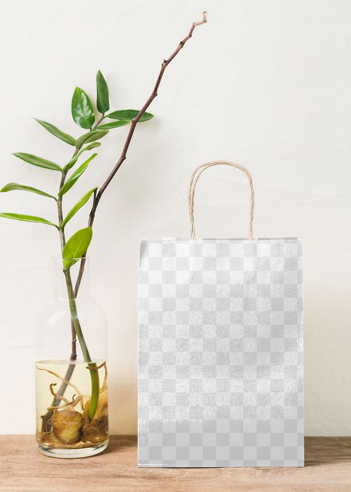 Shopping bag mockup png, vase with houseplant on the side