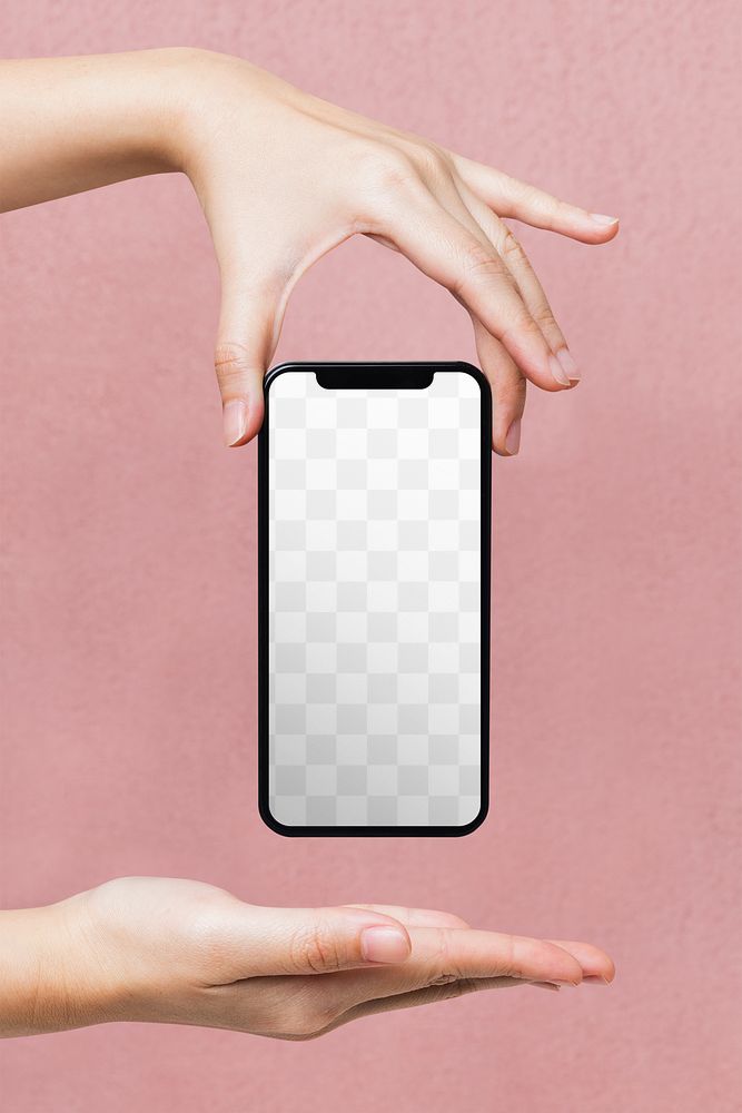 Phone screen png mockup, transparent screen, woman holding on pink background