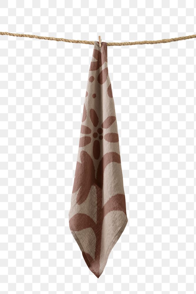 Brown towel png, realistic fabric with floral pattern design on transparent background