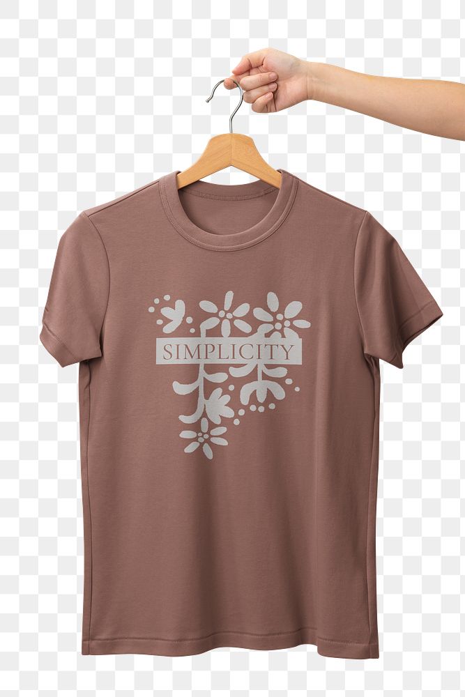 T-shirt png, brown simple fashion with printed simplicity word transparent background 