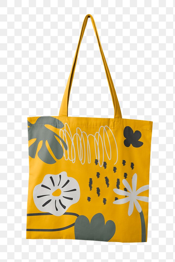 Reusable shopping bag png, printed floral pattern in yellow