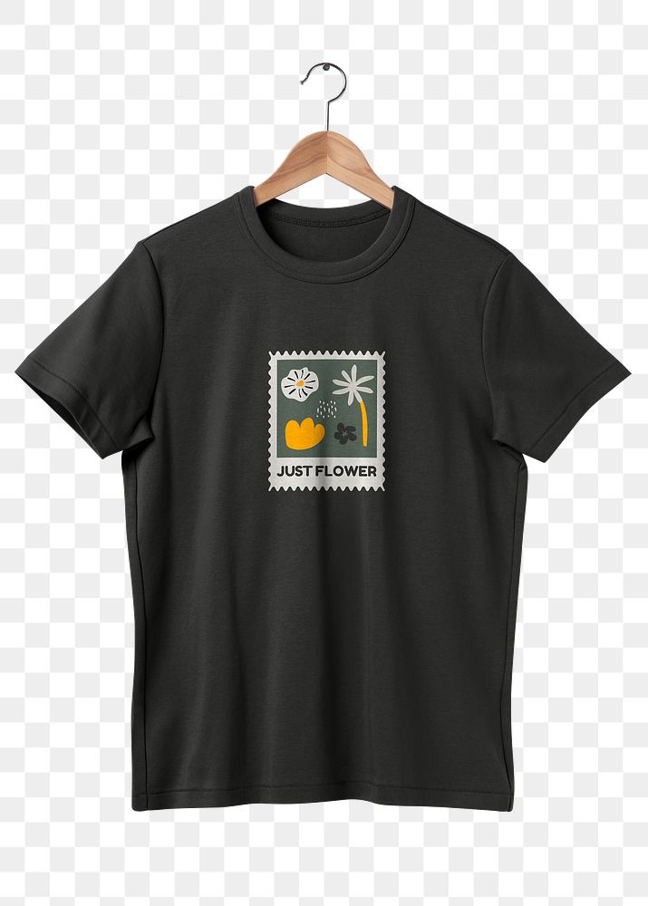 T-shirt png, black simple fashion with printed flower, transparent design transparent background 