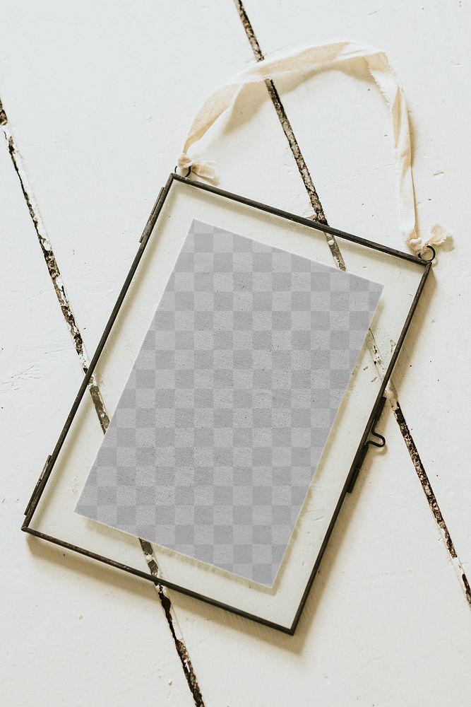 Cute picture frame png mockup, transparent design on wooden surface