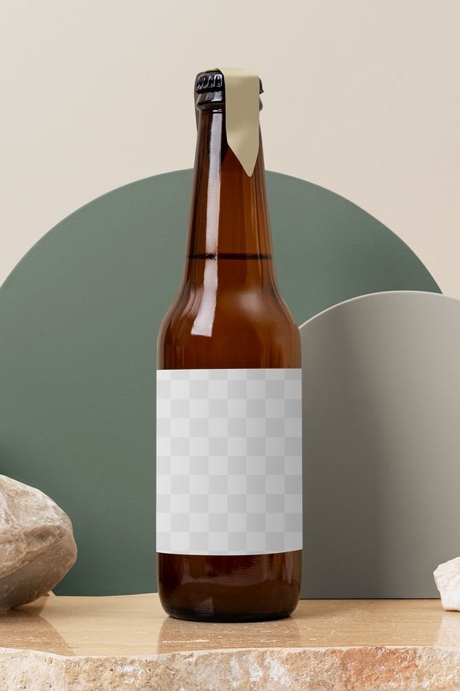 Glass bottle mockup png, transparent label design, beer product packaging