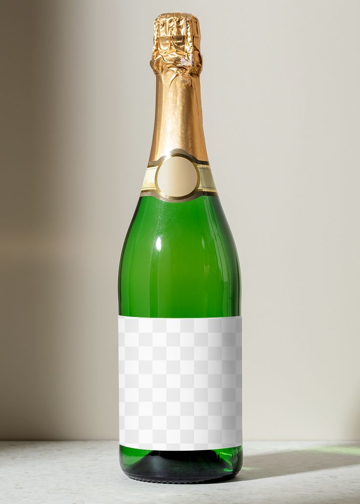 Champagne bottle png label mockup, beverage product packaging