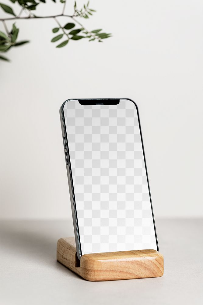 PNG mobile screen mockup transparent, on wooden stand
