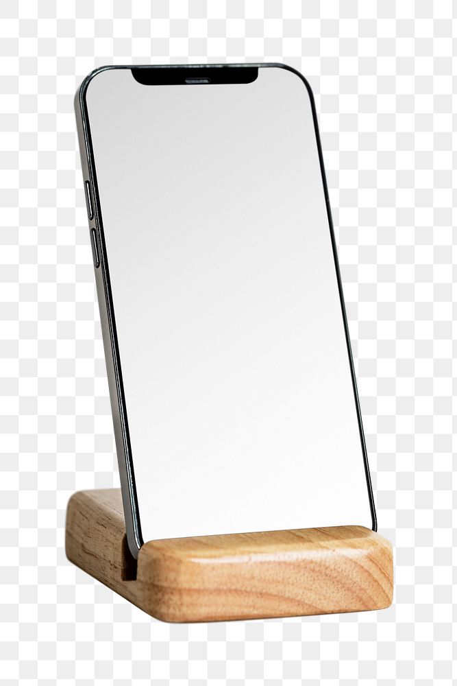 PNG mobile with blank screen on wooden holder, isolated object