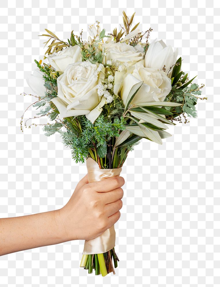 PNG white roses, bridal bouquet, held by hand, collage element