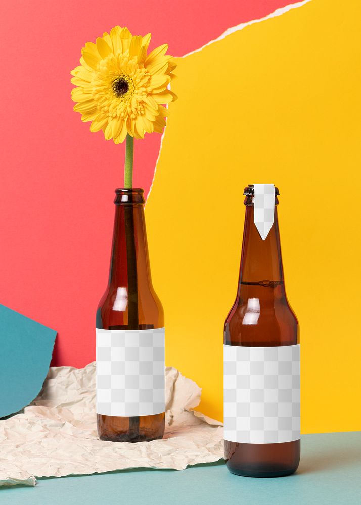 Beer bottle label png mockup, summer beverage packaging