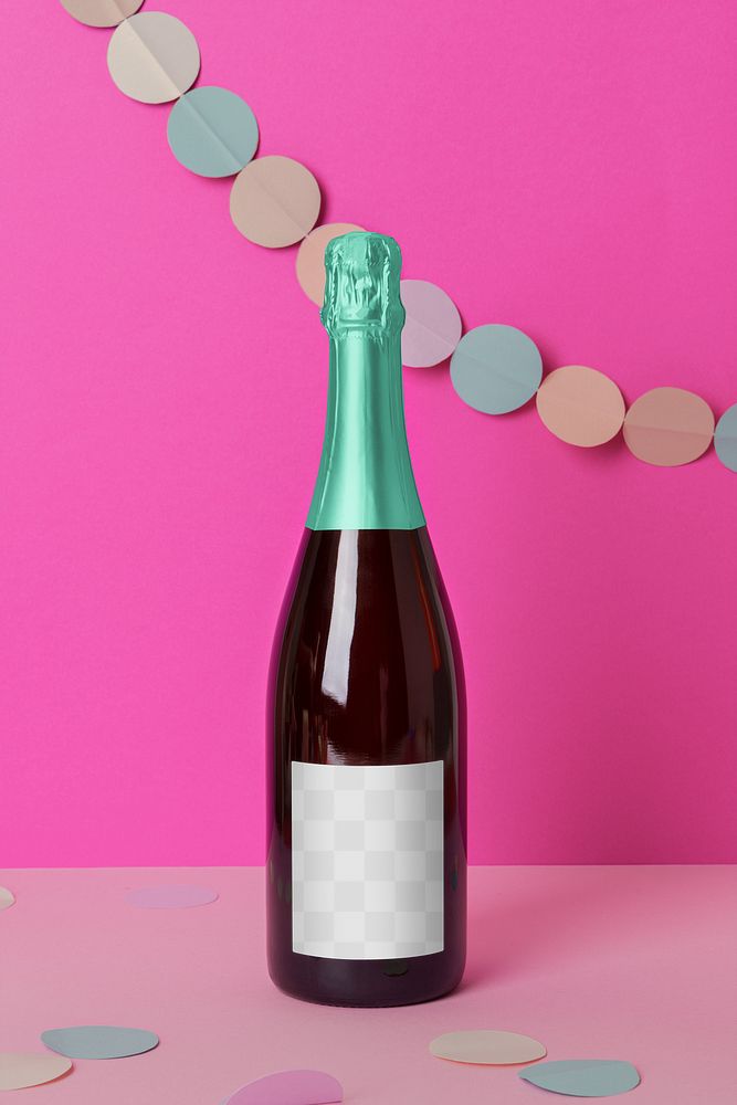 Champagne bottle png label mockup, alcoholic beverage product packaging