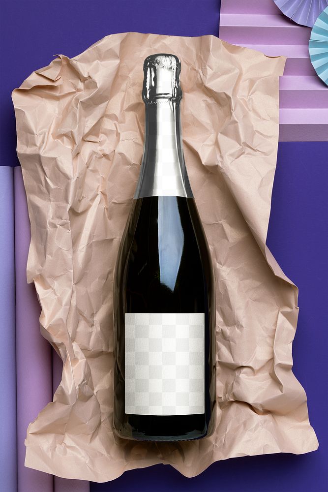 Champagne bottle png label mockup, alcoholic beverage product packaging
