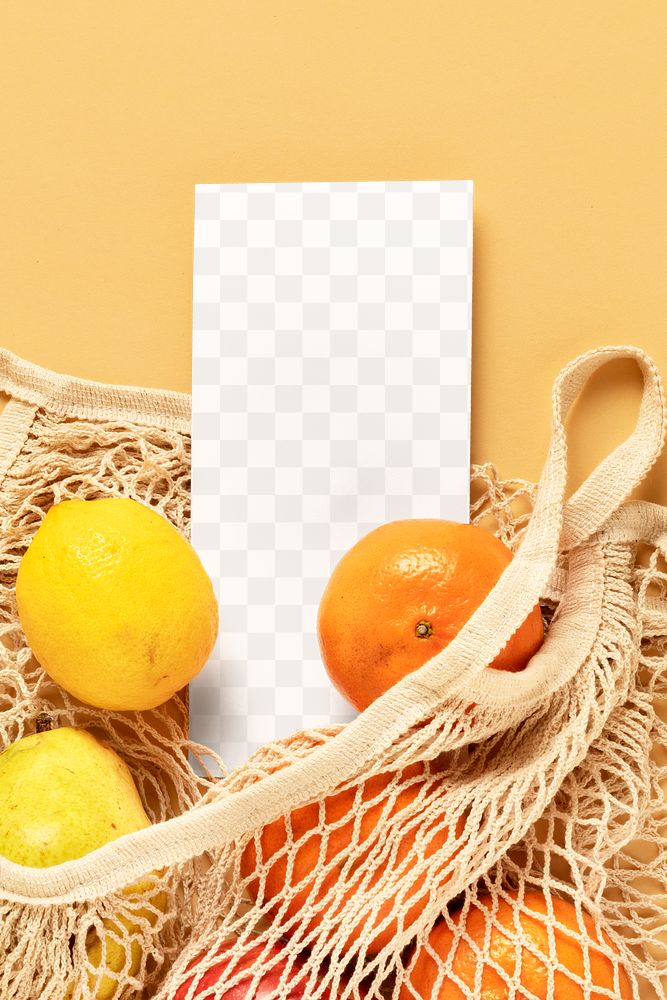 Flyer mockup in a reusable net bag with fruits transparent png