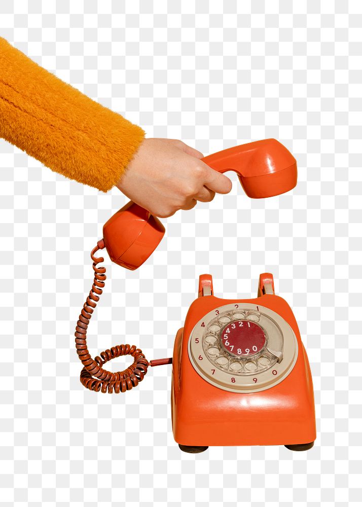 Woman answering a retro orange telephone design element 