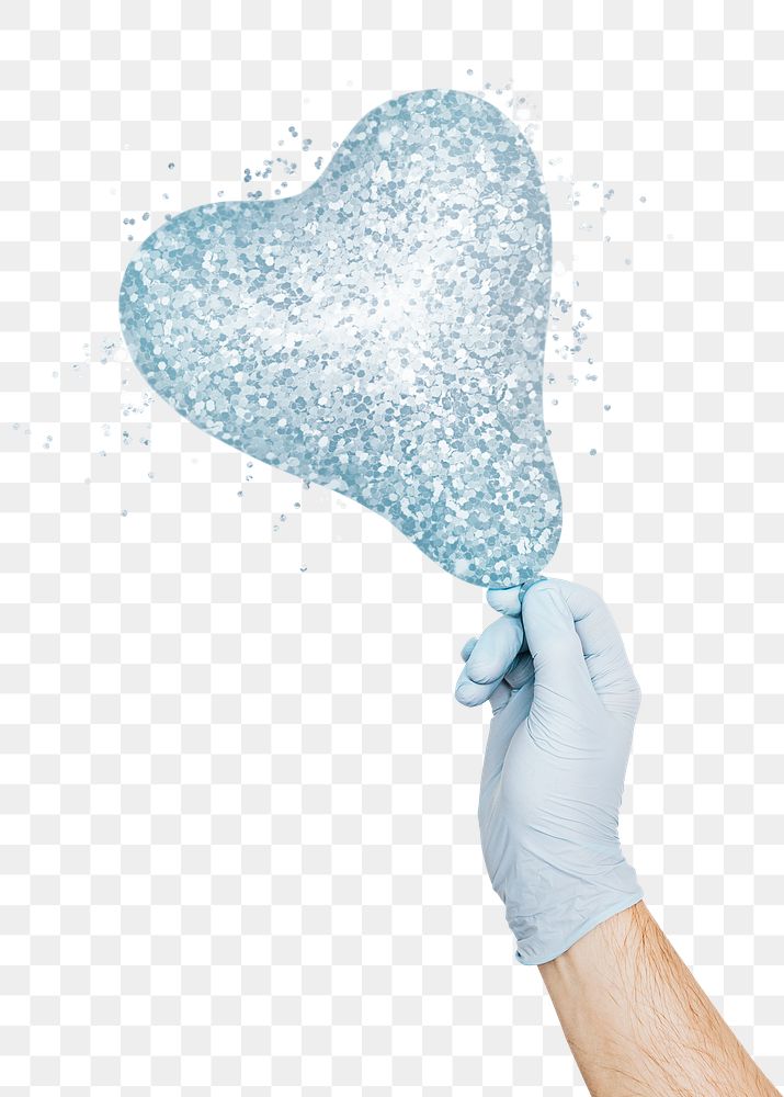 Gloved hand holding a glittery blue heart shaped balloon design element