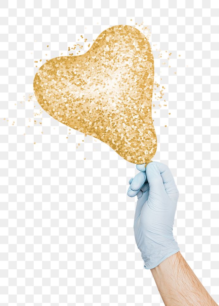 Gloved hand holding a glittery gold heart shaped balloon design element