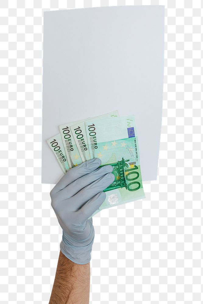 Gloved hands holding a blank paper with banknotes design element