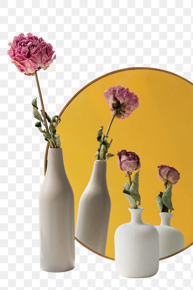Dried pink flowers in white nad beige vases