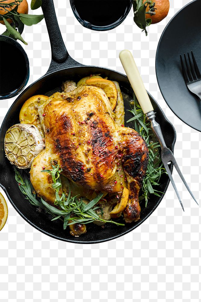 Holiday dinner png mockup with roasted chicken and potatoes food photography
