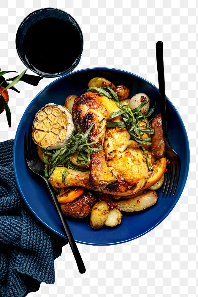 Roasted chicken png mockup with potatoes holiday dinner food photography
