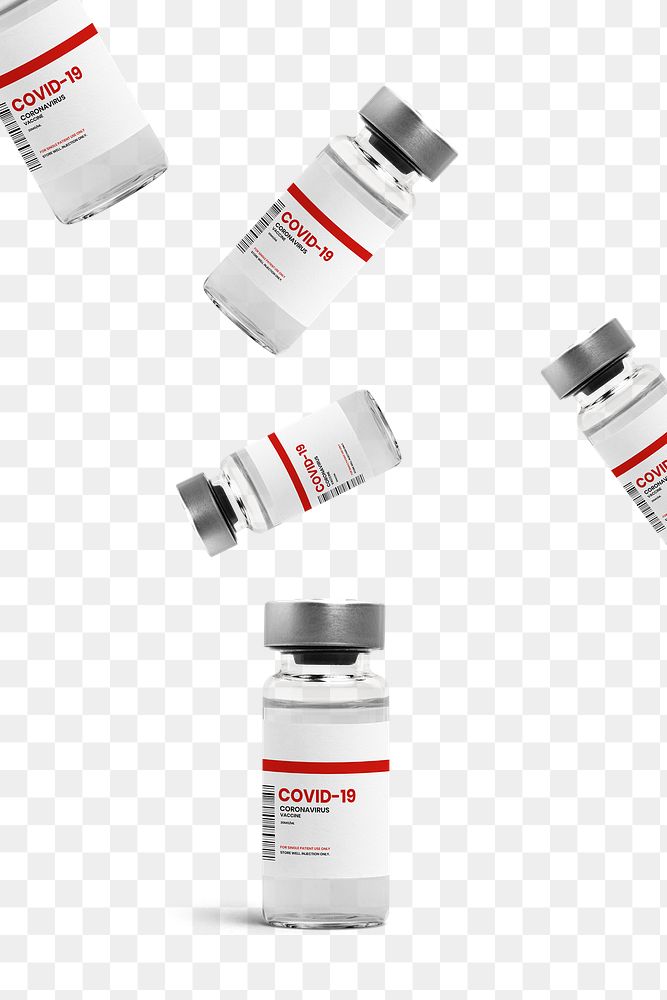 Png falling injection bottles with label mockups for COVID-19 vaccine