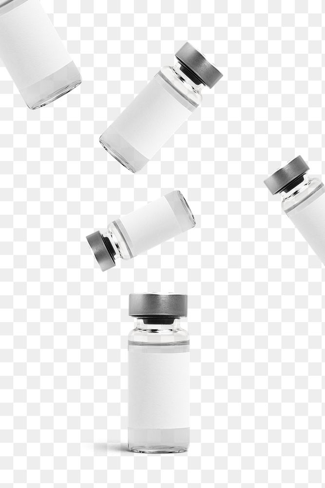 Png falling injection bottles with white label mockup