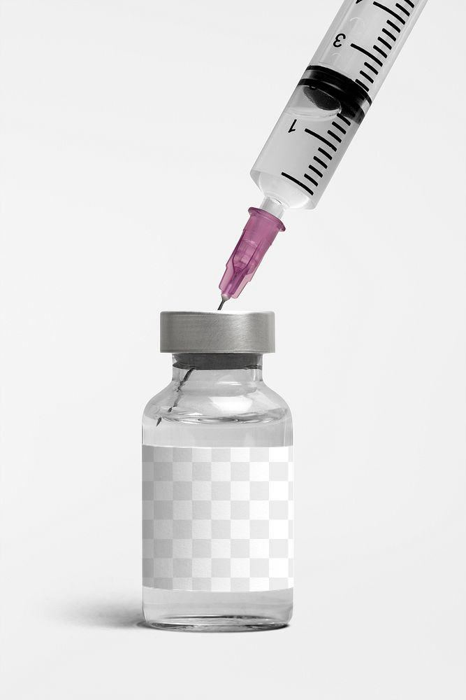 Injection glass bottle png label mockup with syringe