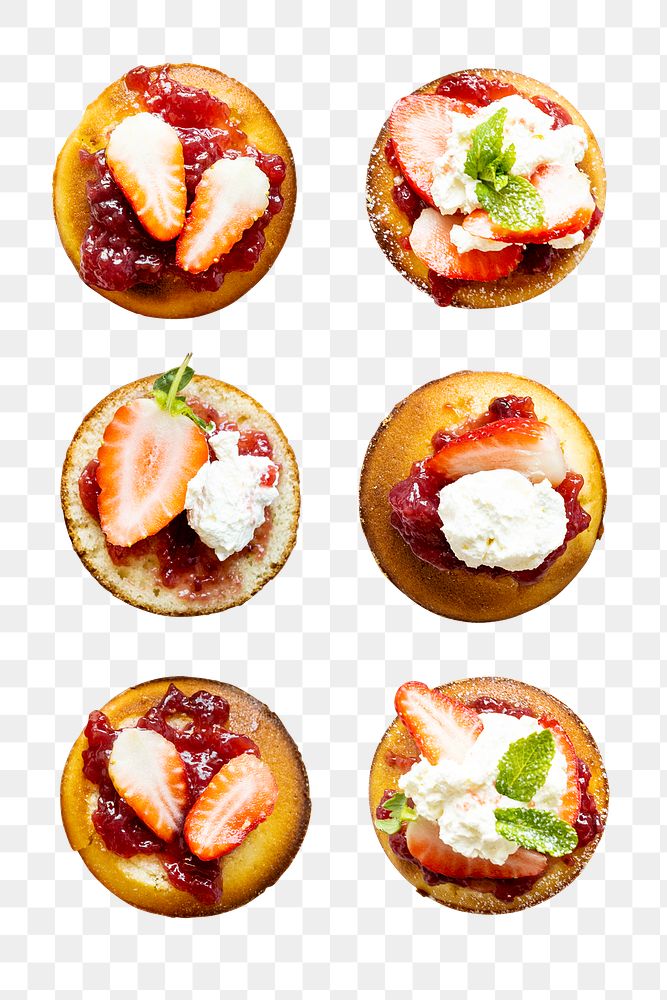 Png strawberry cupcake dessert flatlay set