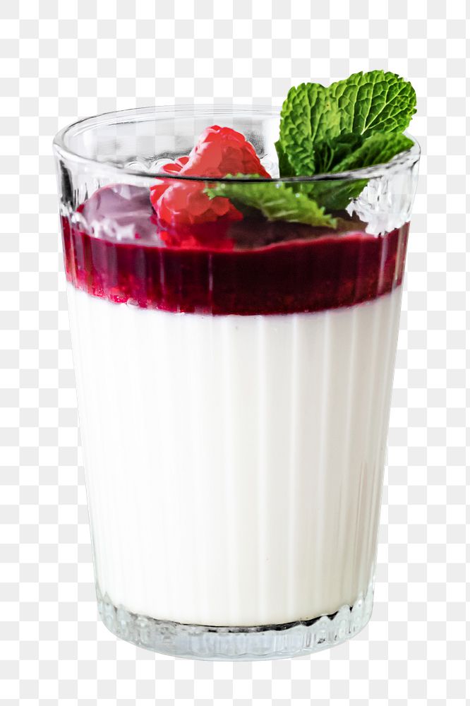 Png vanilla panna cotta with raspberry served in a glass dessert photography