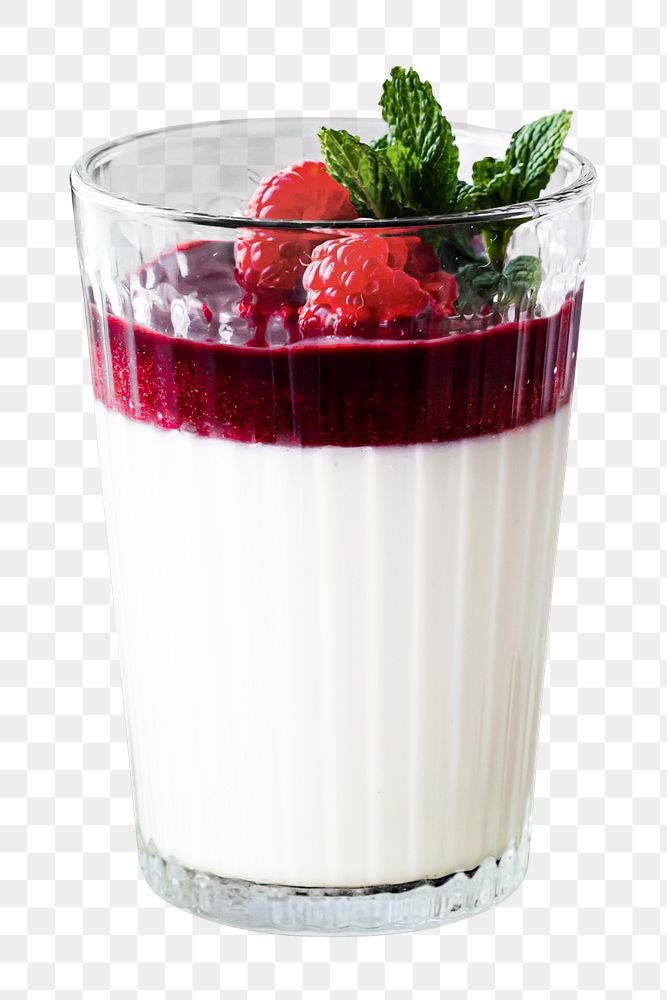 Png vanilla panna cotta with raspberry served in a glass dessert photography