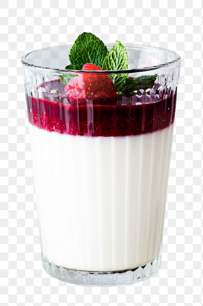Png vanilla panna cotta with raspberry served in a glass dessert photography