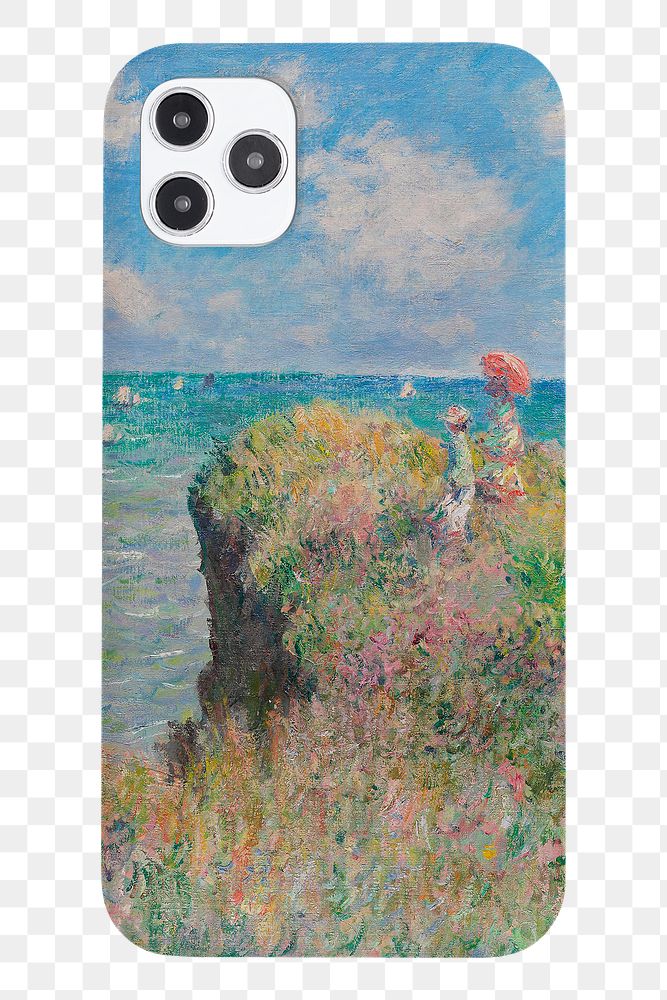 Mobile phone case transparent mockup public domain painting product showcase, remix of artwork by Claude Monet