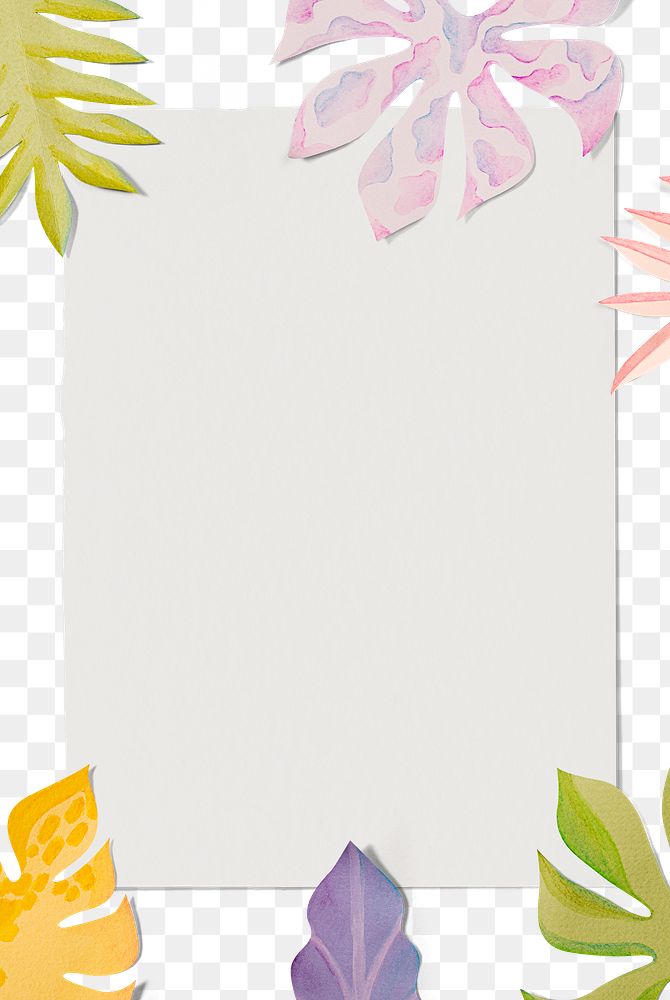 Png transparent frame with paper craft leaf in flat lay style