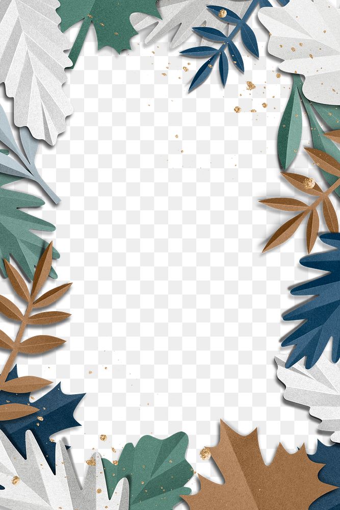 Paper craft leaf frame png with glitter in winter tone transparent background