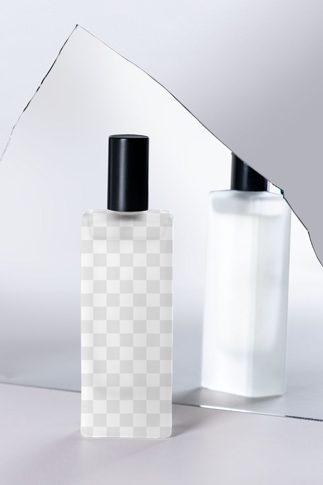 Png cosmetic bottle mockup with mirror shard product backdrop