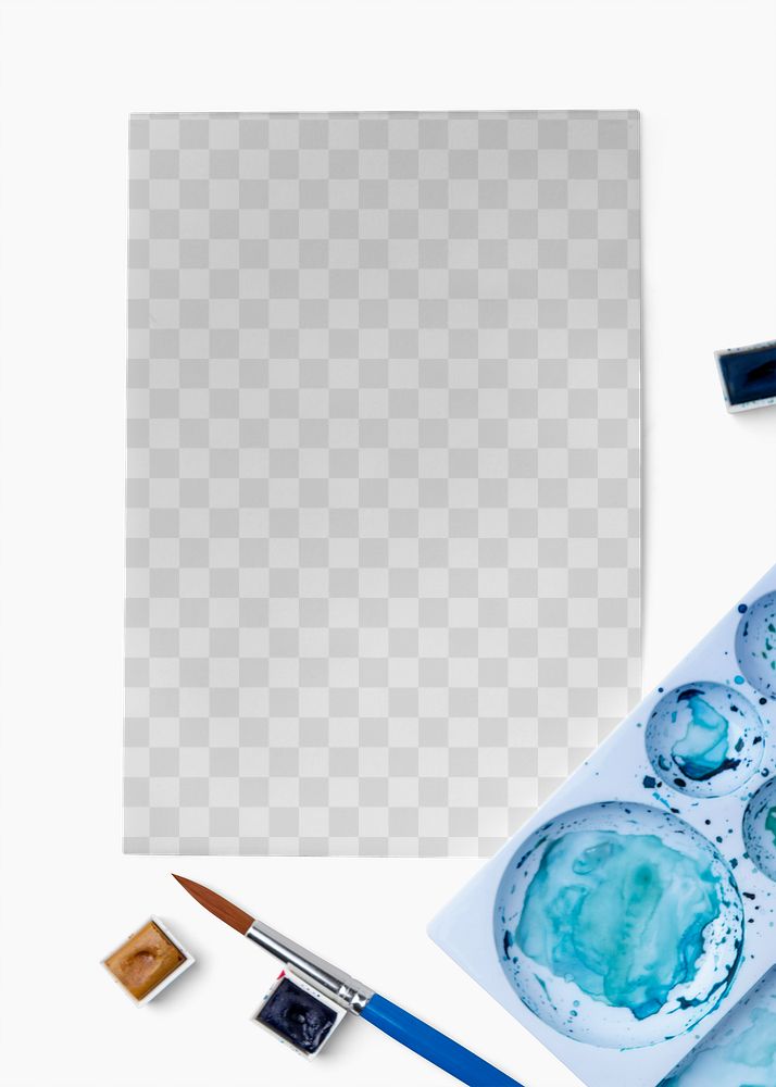 Paper png transparent mockup with blue watercolor palette