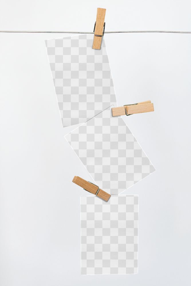Papers mockup png hanging from a rope with paper clips