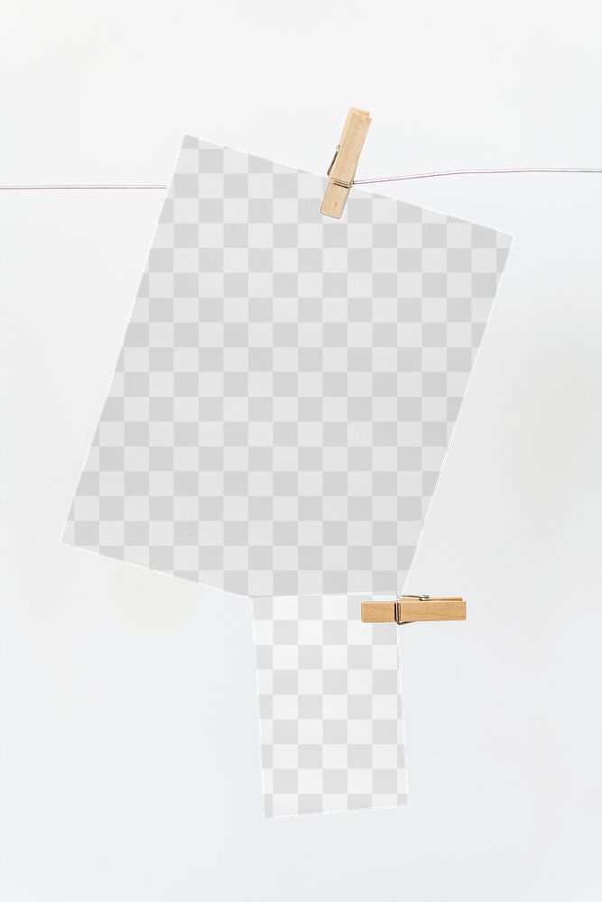 Papers mockup png hanging from a rope with paper clips