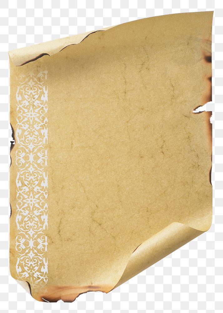 Burnt paper png, vintage scroll graphic with copy space on transparent background