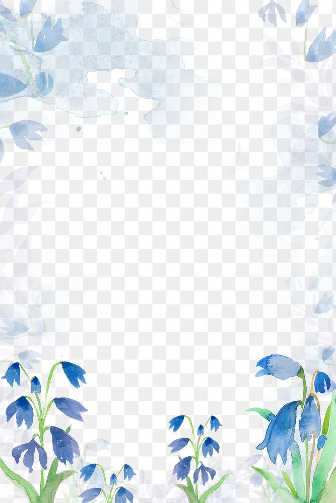 Winter png floral frame background in blue with leaf watercolor illustration