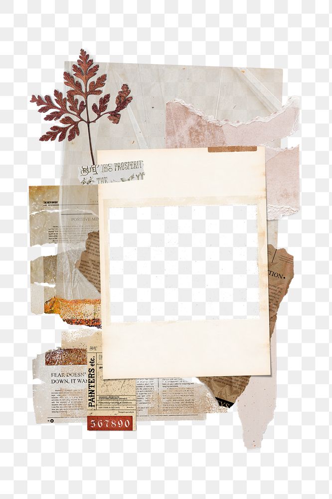 Vintage autumn png frame, instant film photo with dried flower on transparent background