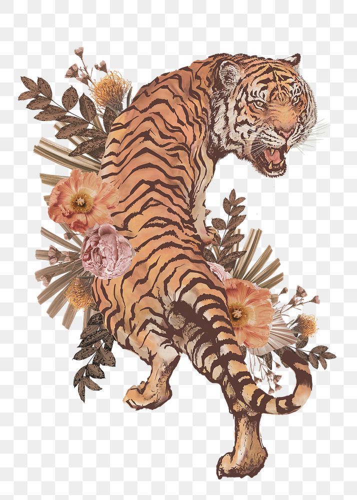 Tiger png sticker, floral transparent background