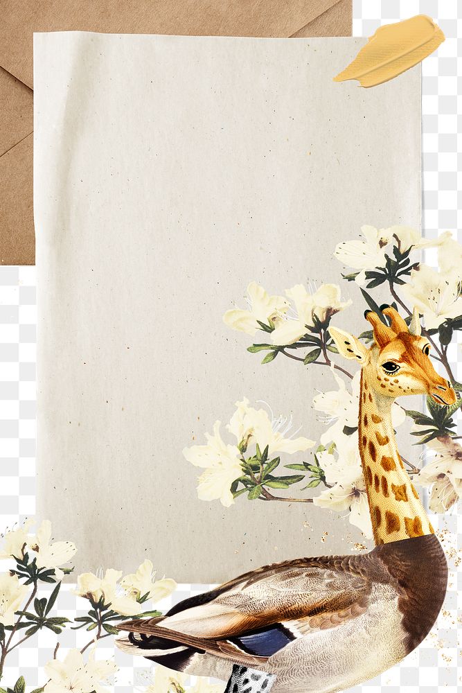 Retro giraffe png sticker transparent frame background, surreal hybrid animal scrapbook illustration 