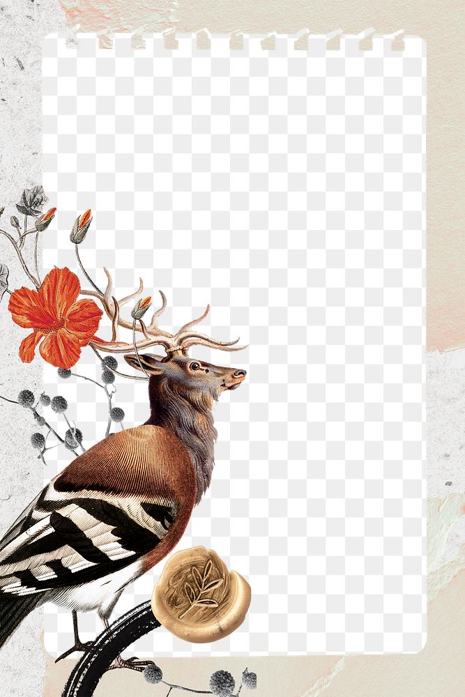 Retro deer png transparent note in frame, surreal hybrid animal scrapbook illustration
