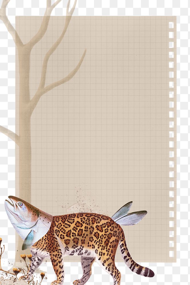 Retro leopard png sticker note transparent frame background, surreal hybrid animal scrapbook illustration