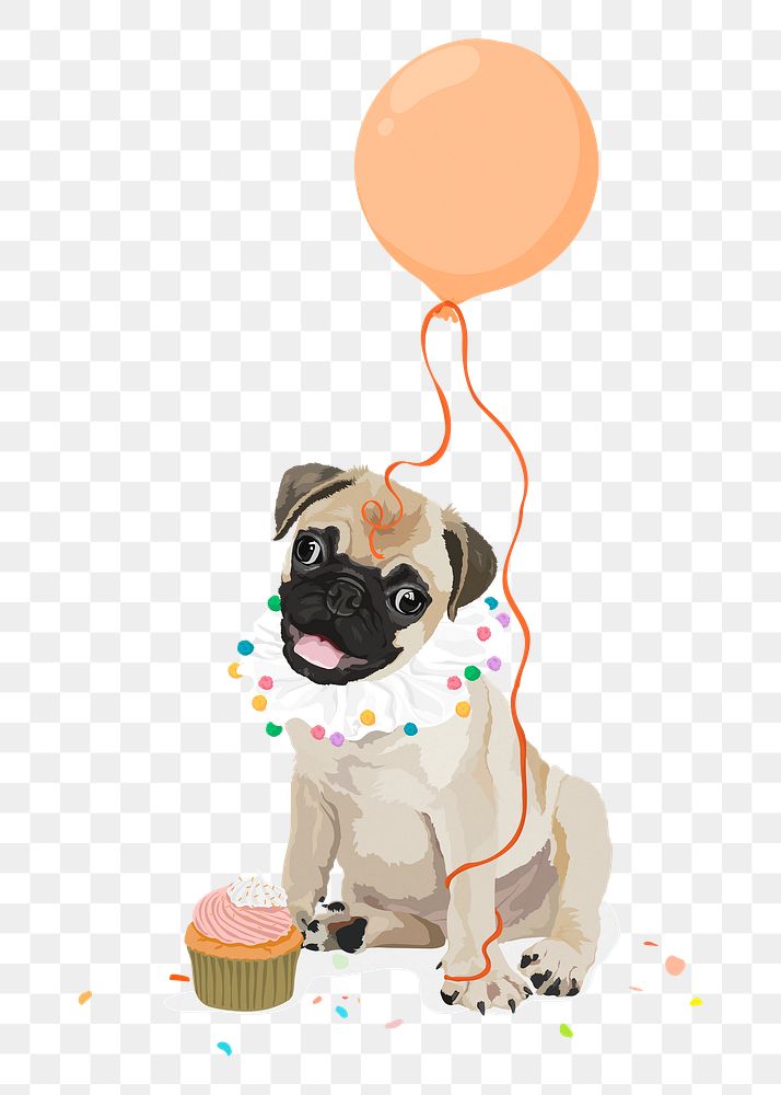 PNG pug puppy sticker, party balloon and cupcake illustration, transparent background