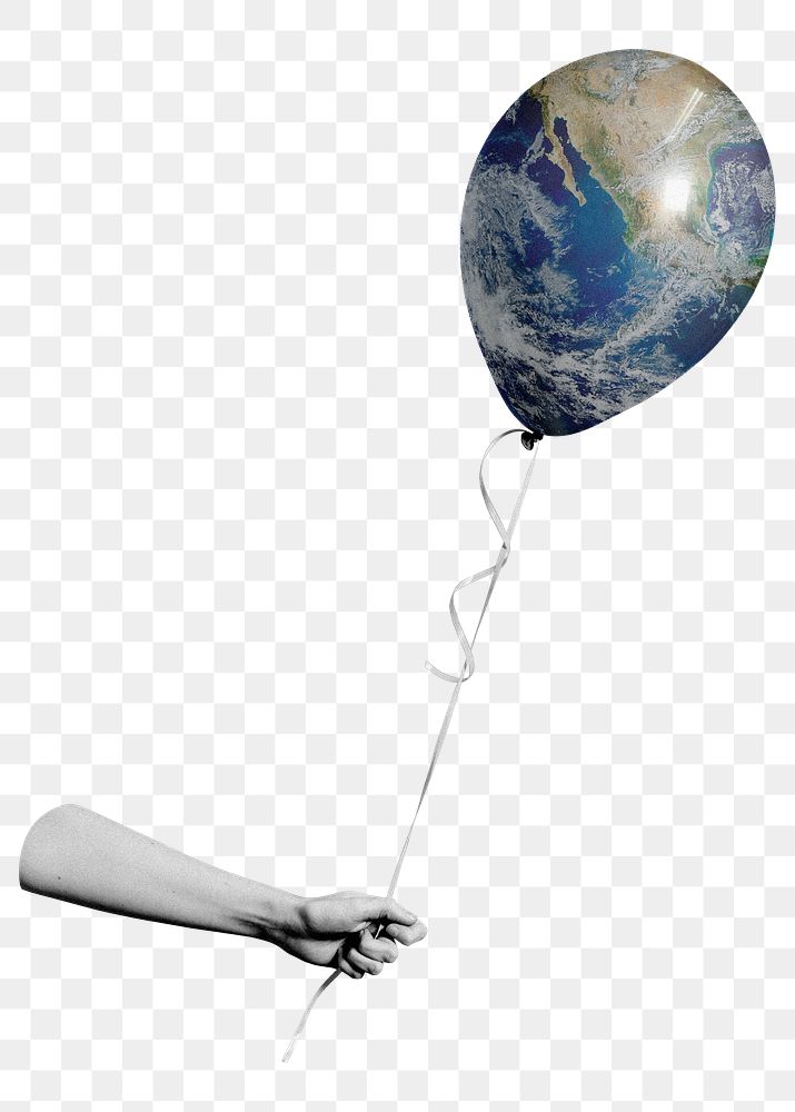 Png hand holding earth balloon sticker, transparent background