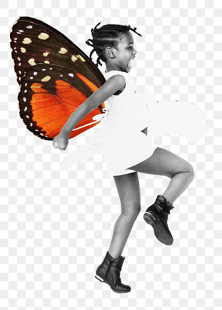 Png butterfly wing girl sticker, kid dancing transparent background