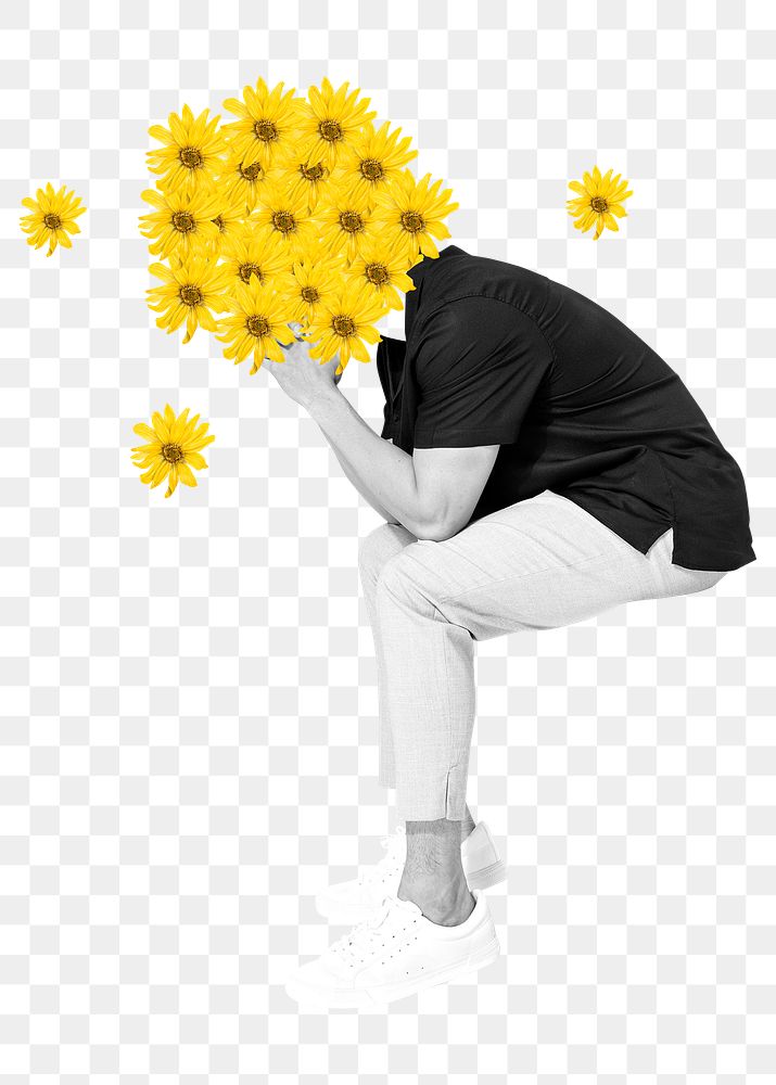 Flower collage png sticker, sunflower man transparent background