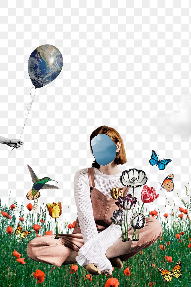 Faceless woman png sticker, aesthetic fantasy collage art transparent background