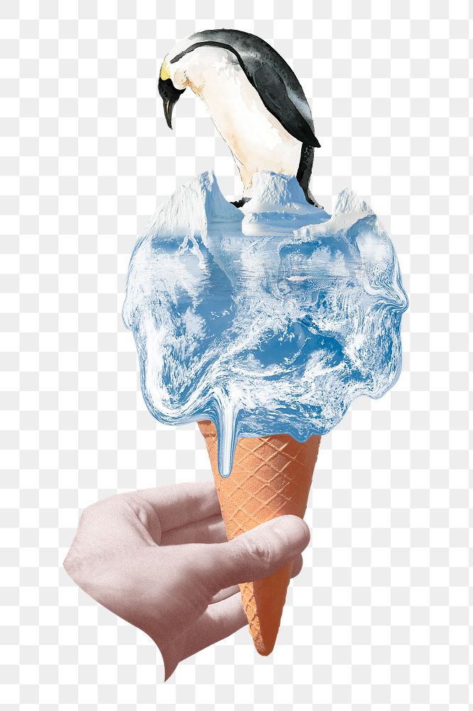 Sad penguin png ice cream sticker, surreal global warming design, transparent background
